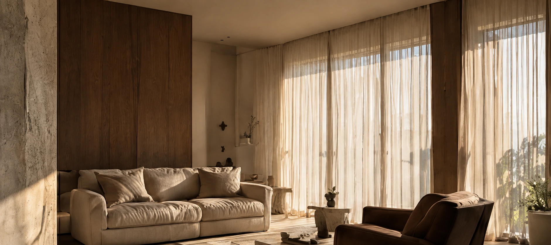 Sunlit living room with low sculptural furniture